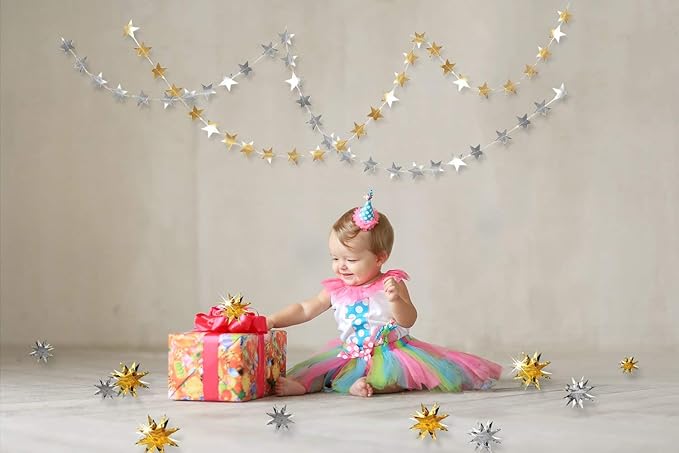 pinkblume Gold Party Decorations Star Garlands Streamer Gold 3D Stars Metallic Paper Hanging Bunting Banner for Birthday Wedding Baby Bridal Shower Holiday Christmas Ramadan EID Mubarak Party Supplies