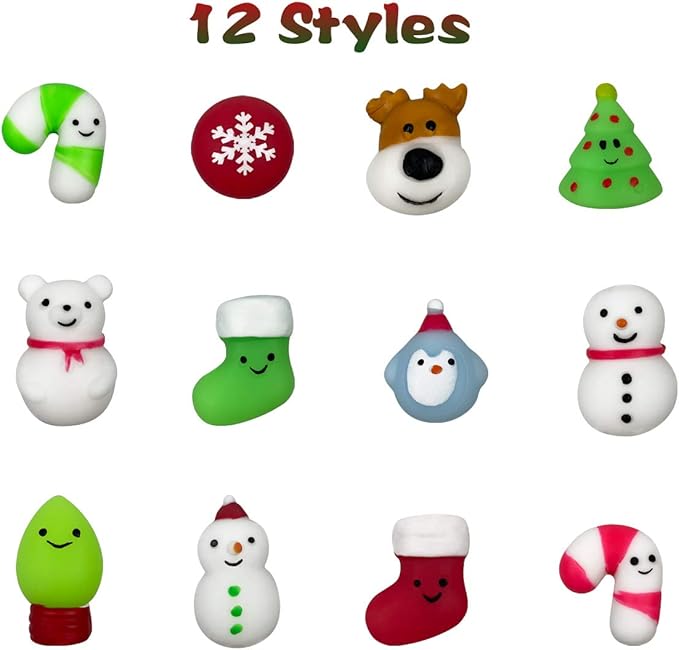 24 PCS Christmas Mochi Squishy Toys Squishies Christmas Toys for Kids Girls Boys Toddlers Christmas Party Favors Stocking Stuffers Gifts
