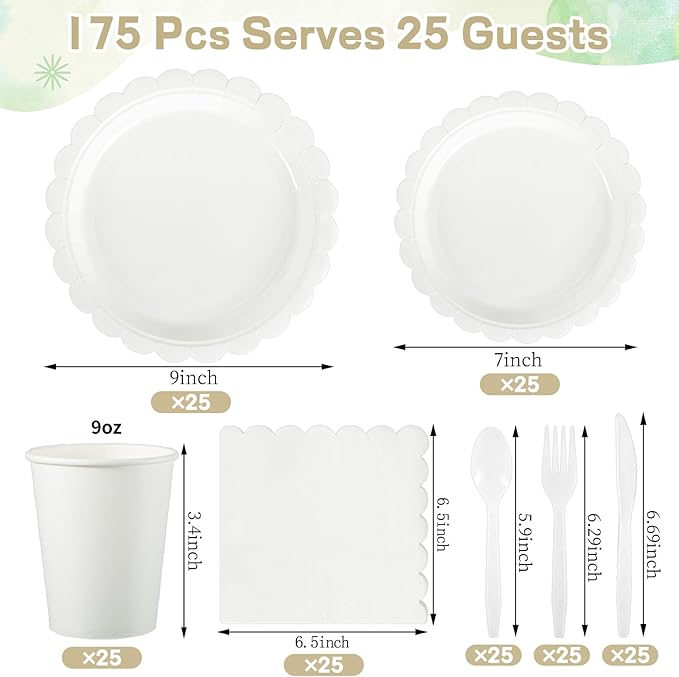 175 Pcs White Paper Plates and Napkins, 25 Guest White Party Supplies Include Scalloped Plates Paper Napkin Cup Plastic Spoon Fork Knive for Baby Shower, Wedding, Birthday
