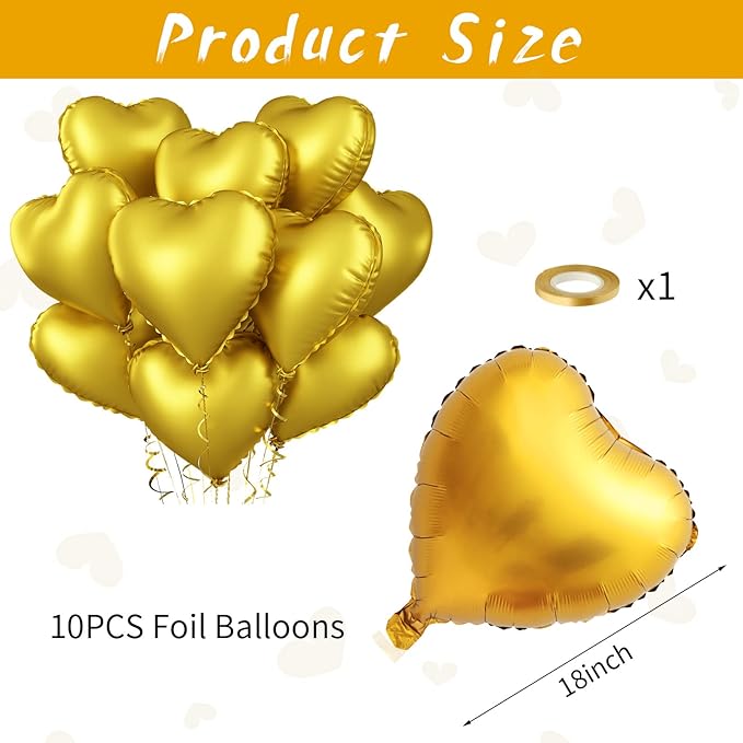 Foil Heart Balloons Gold - 10PCS Heart Shaped, 18inch Metallic Love Foil Balloons for Helium, Golden Wedding, Valentine's Day, Birthday Party, Anniversary