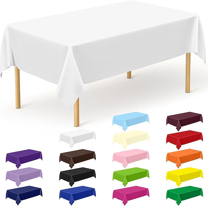 QZYL 12 Packs Disposable White Plastic Table Cloths, 54 X 108 Inches Dining Table Cloth, Plastic Tablecloths for Rectangle Tables, Quick Setup and Cleanup for Parties Picnic, Wedding and Outdoor