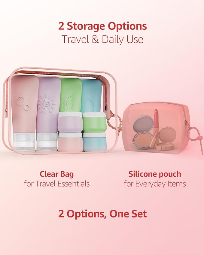 23-Piece All-in-One Silicone Travel Bottles Set – TSA Approved Leakproof Toiletry Kit with Double Bags, Flat Easy-Squeeze Bottles with Tactile Icons, Cream Jars, Pump & Spray, Cleaning Brush