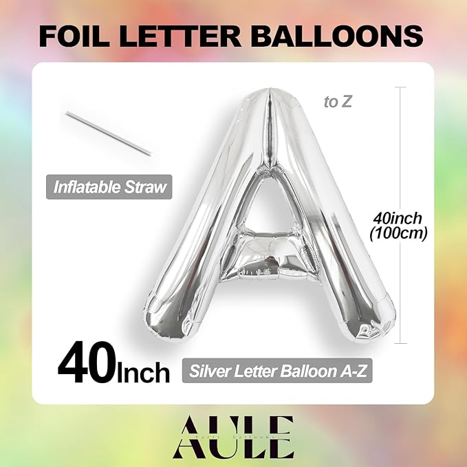 AULE 40 Inch Big Letter Balloon Silver L Large Foil Helium Alphabet Balloons A-Z for Birthday Anniversary Graduation New Year Party Decoration Supplies