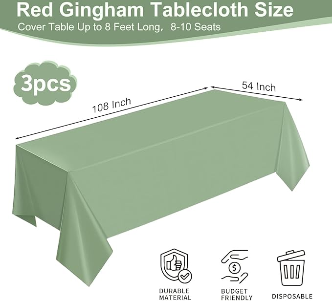 3Pcs Sage Green Plastic Tablecloths for Rectangle Tables, Light Green Disposable Tablecloth, Waterproof Sage Green Table Cover for Birthday Bridal Wedding Baby Shower Party Decorations, 54 X 108Inch