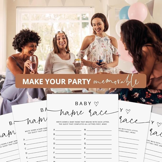 Name Race Baby Shower Game, Boy or Girl, Alphabet Baby Name Race, 50 Pack, Minimalist