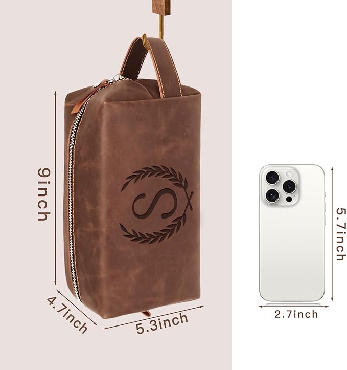 Personalized Gifts Travel Toiletry Bag for Men Engraved Initial PU Leather Waterproof Shaving Bag for Toiletries Accessories Fathers Day Birthday Gift for Men Dad Husband Son, Reddish Brown T