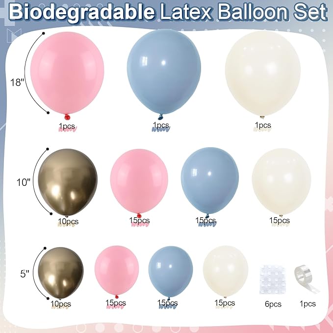 Baby Pink Blue Gender Reveal Balloon Garland Arch Kit, 120pcs Dusty Blue Pink Cream and Pastel Gold Balloons for Boho Neutral Oh Baby Shower Birthday Decor Gender Reveal Party Decorations Supplies