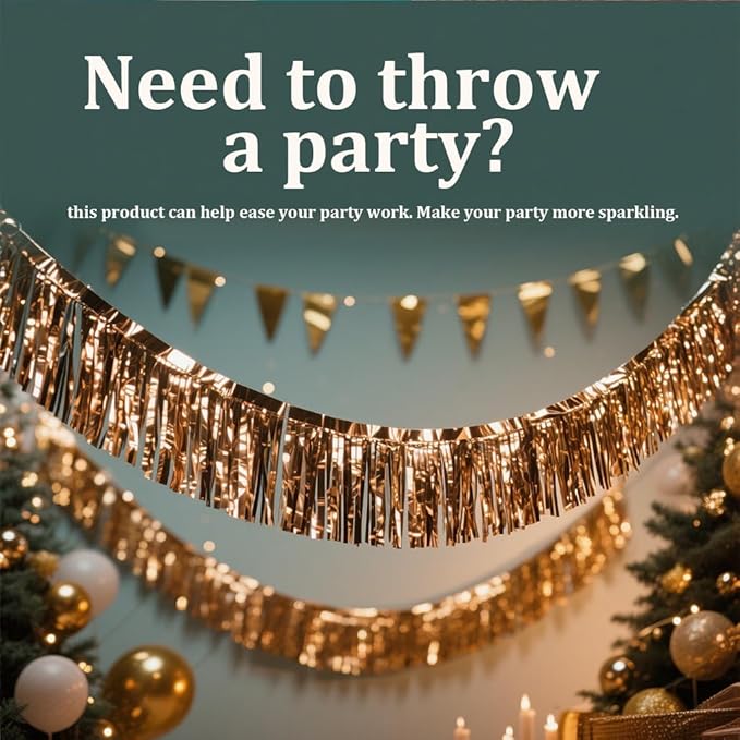 3 Pack Gold Total 30 Feet Foil Fringe Garland Metallic Tinsel Banner Wall Hanging Drapes Parade Float Skirting Decorations for Trailer Mardi Gras Party Birthday Wedding Baby Shower (Gold)