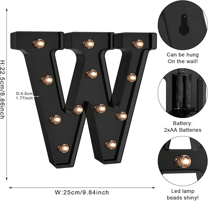 Foaky Black LED Letter Lights for Room Decor - Bedroom Wall Decor, Alphabet Lights for Home, Wedding, Party - Battery Operated （W）