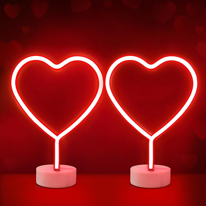 BRIGHTDECK 2 Pack Heart Neon Signs, LED Lights Battery Operated or USB Powered Decoration Lamp, Neon Lights Decor for Valentine's Day Gifts, Wedding, Party, Pink Room Decor (Red Heart)