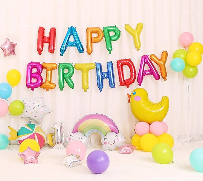 KALOR Rainbow Happy Birthday Balloons Banner,16 Inch Mylar Foil Letters Sign,Reusable Balloons for 30th 40th 50th 60th Birthday Party Decorations