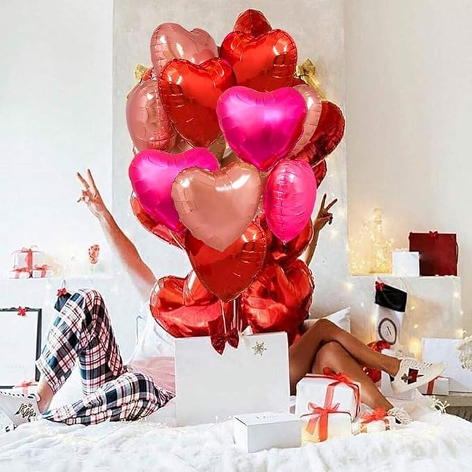 Upgraded Rose Gold and Red Balloons - Pack of 15 - Heart Shaped Foil Balloons for Valentines Day Wedding Birthday Bridal Shower Baby Shower Decorations