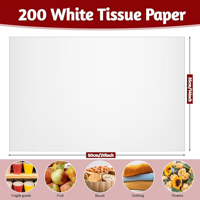 RYKOMO 200 Sheets White Tissue Paper for Gift Bags 14 x 20 Inches Acid Free Tissue Paper for Storage, Packaging, New Year, Festival Mother's Day Gift, Wedding, Birthday and Flower Decoration