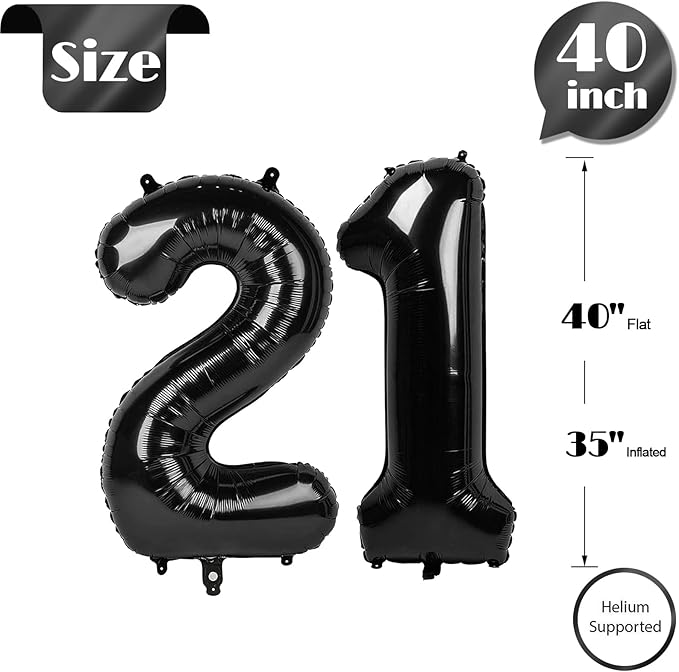 21 Balloon Number, Black Number 21st Birthday Balloons 40 Inch, 21 or 12 Years Old Black Birthday Decorations for Men Women Him Her, 21st Anniversary Decorations