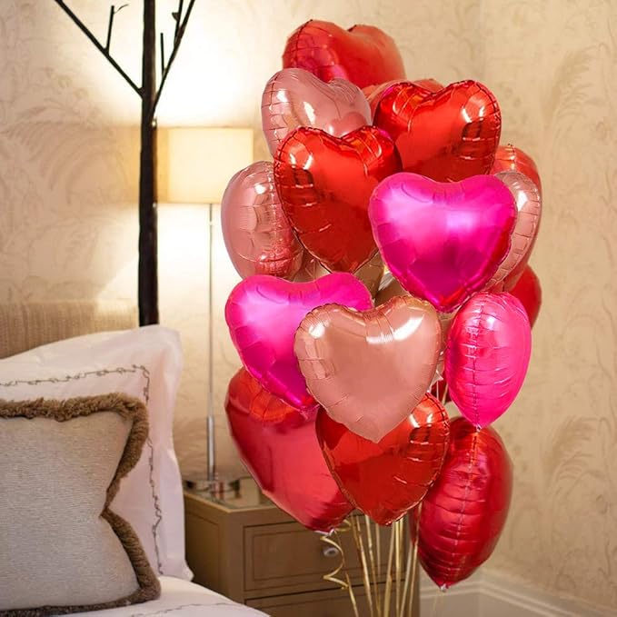 Upgraded Rose Gold and Red Balloons - Pack of 15 - Heart Shaped Foil Balloons for Valentines Day Wedding Birthday Bridal Shower Baby Shower Decorations