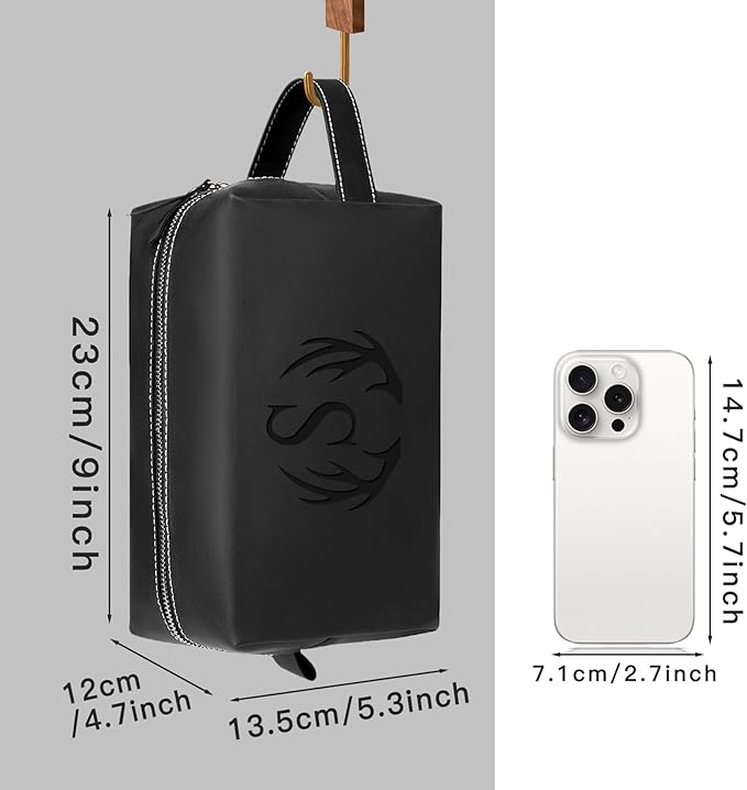 Personalized Gifts Travel Toiletry Bag for Men Engraved Initial PU Leather Waterproof Shaving Bag for Toiletries Accessories Fathers Day Birthday Gift for Men Dad Husband Son, Black N