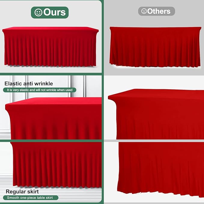 Table Skirt for 4 Foot Tables - One-Piece Red Tablecloths and Skirt, Wrinkle Resistant Ruffles Elastic Cover for Banquets, Weddings, Events, Parties