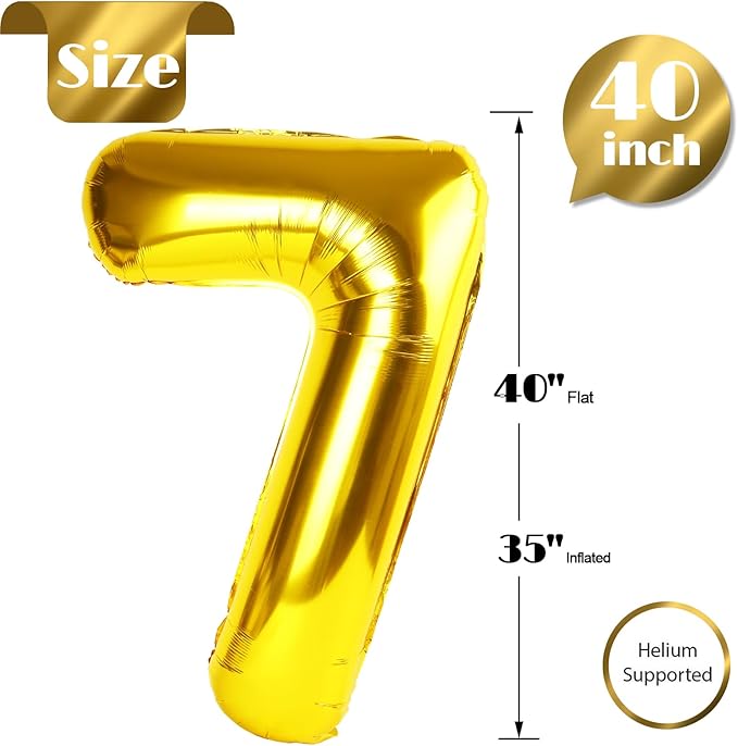 Gold Number 7 Balloon 40 Inch, 7 Balloon Number, 7th Birthday Decorations, Gold Party Supplies for Boys Girls