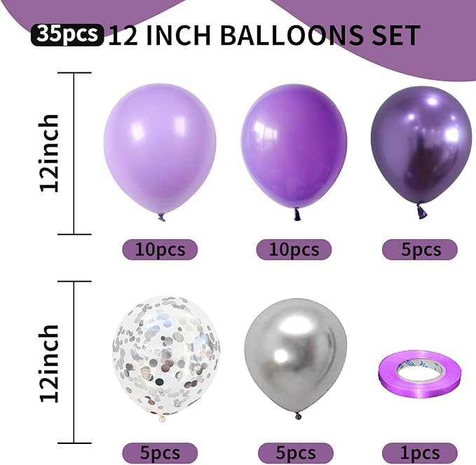 Purple Silver Balloons, 12 Inch Metallic Purple Silver Balloons Light Purple Silver Latex Balloons Lavender Silver Confetti Balloons for Princess Party Girl Birthday Wedding Baby Shower Decorations