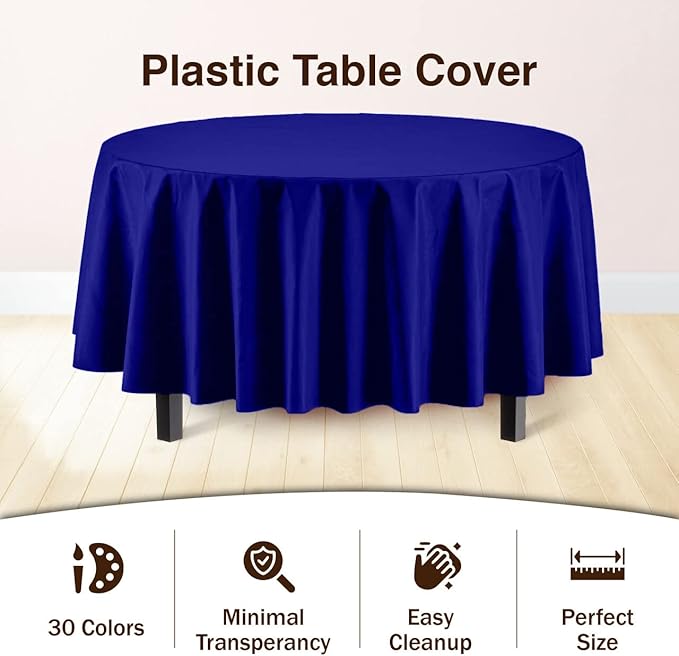 Exquisite 12-Pack Premium Plastic Tablecloth Pack of 12 Premium Plastic Tablecloth 84 Inch Round Table Cover - Navy Blue