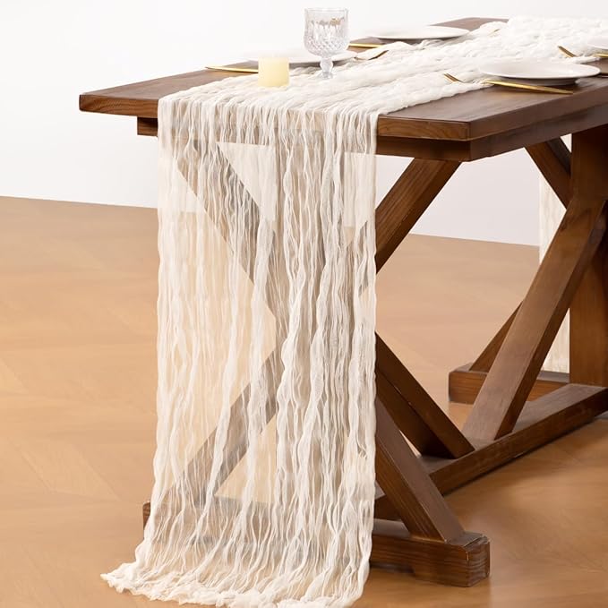 Socomi Ivory Cheesecloth Table Runner Tulle Gauze Cheese clothBoho Rustic 120 inch 10FT Runner for Wedding Party Baby Shower Birthday Holiday Decorations 3pcs
