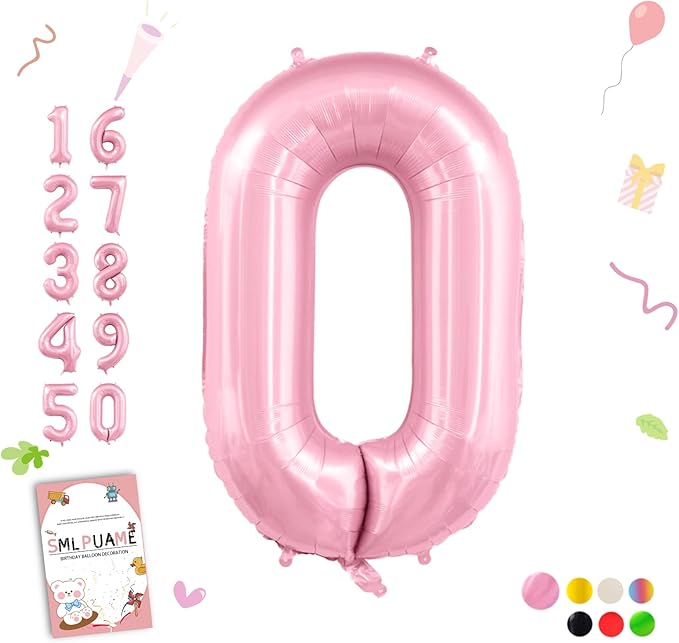 Smlpuame Pastel Pink 0 Balloon Numbers, 40 Inch Large Light Pink Foil Number Balloons 0-10, Self-Sealing Birthday Balloon for Girls Women Anniversary Graduation New Year Party Decoration Supplies