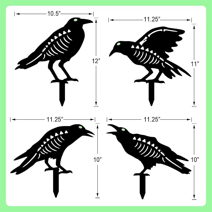 Halloween Black Crow Garden Stake Decor 4 Pack Scary Raven Silhouette Metal Yard Signs with Glow-in-The-Dark Eyes for Outdoor Halloween Decorations (Crow Black)