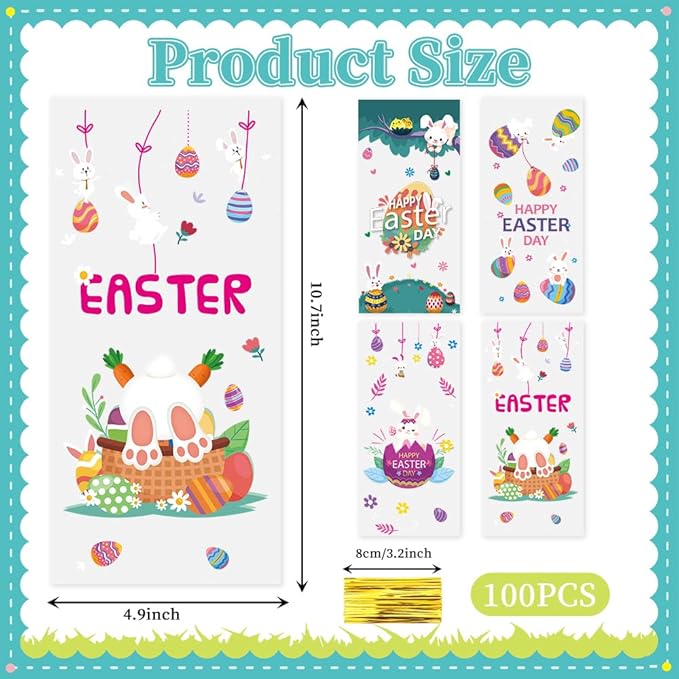 Easter Goodie Bags, 100 PCS Easter Cellophane Treat Bags, Easter Cookie Snack Candy Party Favor Ziplock Cookie Bags Holiday Candy Bags Easter Plastic Gift Bags for Gift Giving Easter Decorations