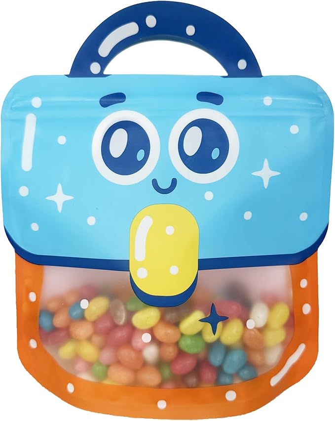 PABCK 30 Pack Plastic Gift Bags Cartoon Goodie Bags 9.45x11.02 inch Backpack-shaped Candy Packaging Bag with Handle Resealable Treats Birthday Party Favor Stand Up (10 Blue,10 Purple and 10 Orange)