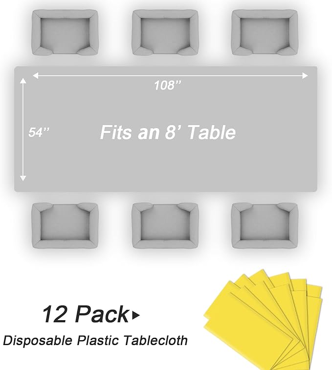 QIKSION Yellow Plastic Table Cloth Disposable 12 Pack, 54 x 108 Inch Tablecloths for Birthday Party, Easter Decorations, Rectangle Table Cover