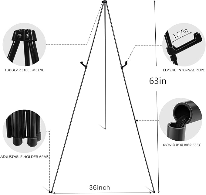 RRFTOK Easel Stand for Display, 63'' Instant for Sign Art and Crafts Portable Ground Easels for Wedding Banner and Poster Display Stand - Metal Tripod with Portable Bag.Black