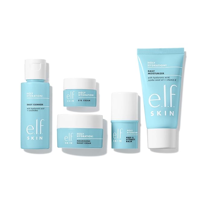 e.l.f. SKIN Holy Hydration! Jet Set Hydration Kit, Travel Friendly Hydrating Skincare Set, Face Cleanser, Balm, Moisturizer, Eye Cream & Night Cream, Vegan & Cruelty-Free