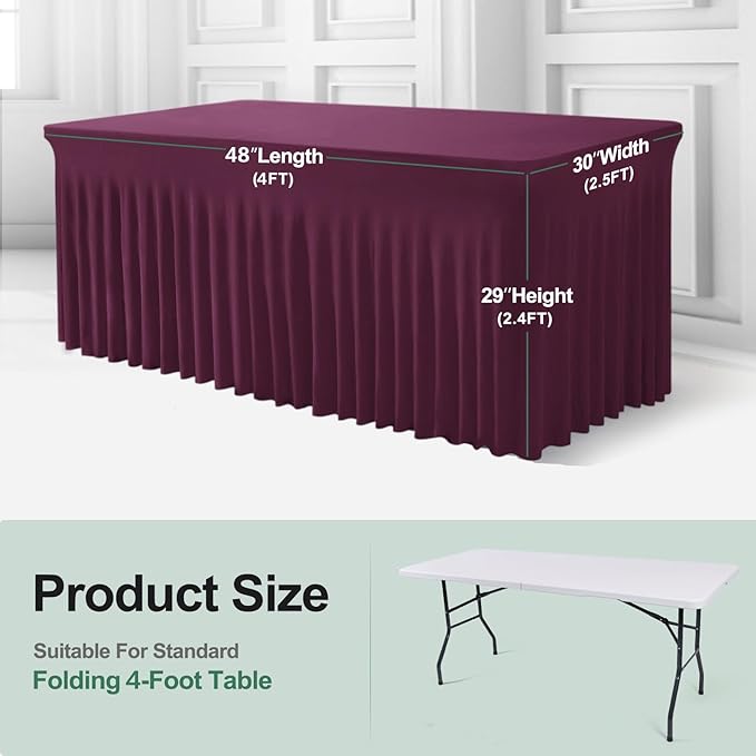 Table Skirt for 4 Foot Tables - One-Piece Burgundy Tablecloths and Skirt, Wrinkle Resistant Ruffles Elastic Cover for Banquets, Weddings, Events, Parties
