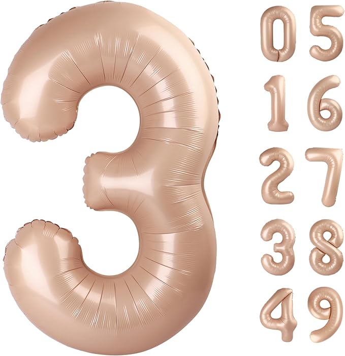 40 Inch Light Brown 3 Large Number Balloon, 3 13 23 30 33 36 Light Brown Birthday Party Decorations, Number Three Foil Balloons for Anniversary Party Graduations Celebration Supplies