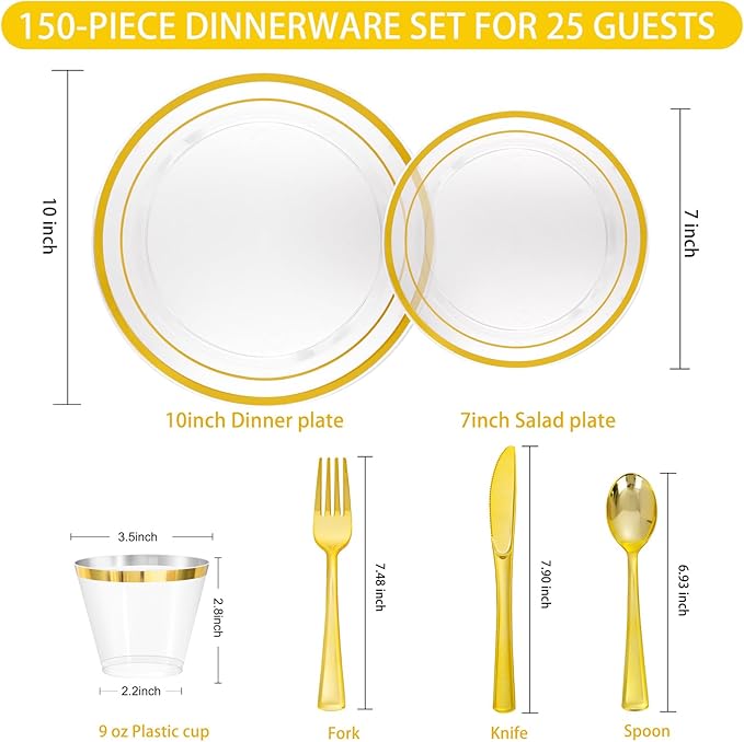 150 PCS Clear Gold Disposable Dinnerware Set for 25 Guests, Clear and Gold Plastic Plates for Party, 25 Dinner Plates, 25 Salad Plates, 25 Cups, 25 Spoons Forks Knives for Wedding and Party Supplies