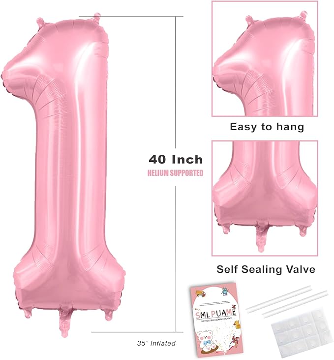 Smlpuame Pastel Pink 1 Balloons, 40 Inch Large Light Pink Foil Number Balloons 0-10, Self-Sealing 1st Birthday Balloon for Girls Women Anniversary Baby Shower Princess Party Decorations Supplies