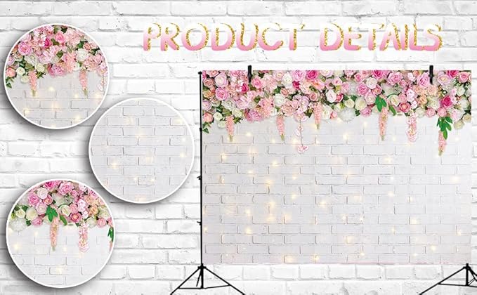 Flower Wall Backdrop Glitter White Brick Wall Mother's Day Flowers Photography Background Mother's Day Wedding Bridal Baby Shower Birthday Party Spring Theme Decor Photo Booth Props (8x6FT)