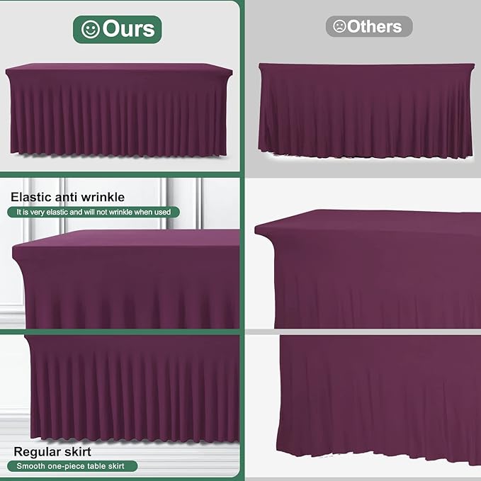 Table Skirts for Rectangle Tables 6ft - One-Piece Burgundy Tablecloths and Skirt, Wrinkle Resistant Ruffles Elastic Cover for Banquets, Weddings, Events, Parties