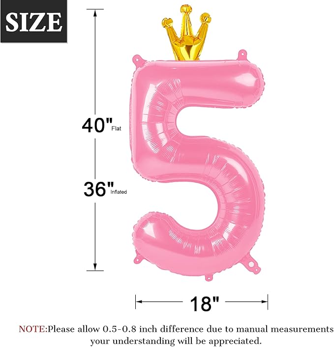 Large Pink Crown 40 Inch Birthday Number 5 Balloon, Pink Crown Five 5th 15 25 35 50 55 Birthday Anniversary Celebration Decorations, Foil Mylar Helium Numbers 5 Balloons Girl Boy Party Supplies