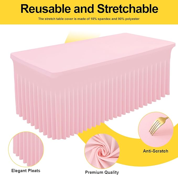 Smiry Spandex Tablecloth 2 Pack, Elastic Fitted Stretch Tablecloth for 6FT Rectangle Tables, Waterproof Washable Table Cover Skirt for Wedding, Banquet & Parties (Pink, 72Lx30Wx30H Inch)