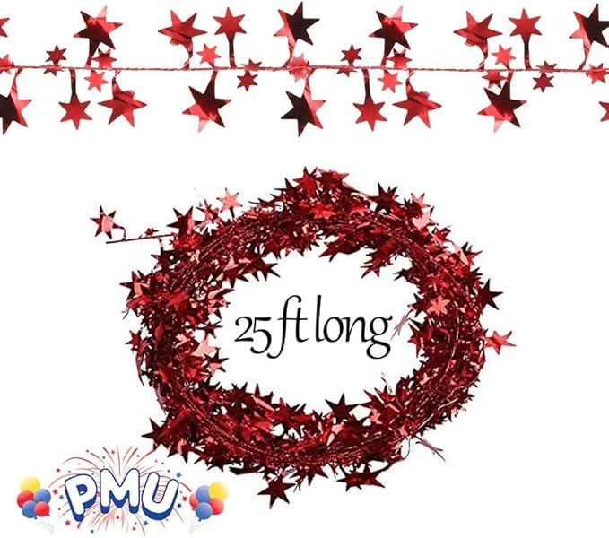 PMU 25 Ft Star Wire Shiny Garland Red - Halloween, Christmas Party, Wedding, Birthday, Festive Home Decoration Ornament Red