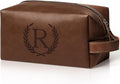 Travel Essentials Accessories Laser-Engraved Initial Toiletry Bag for Men, Personalized PU Leather Waterproof Travel Size Toiletries Storage Organizer Shaving Bag for Men, Reddish Brown R