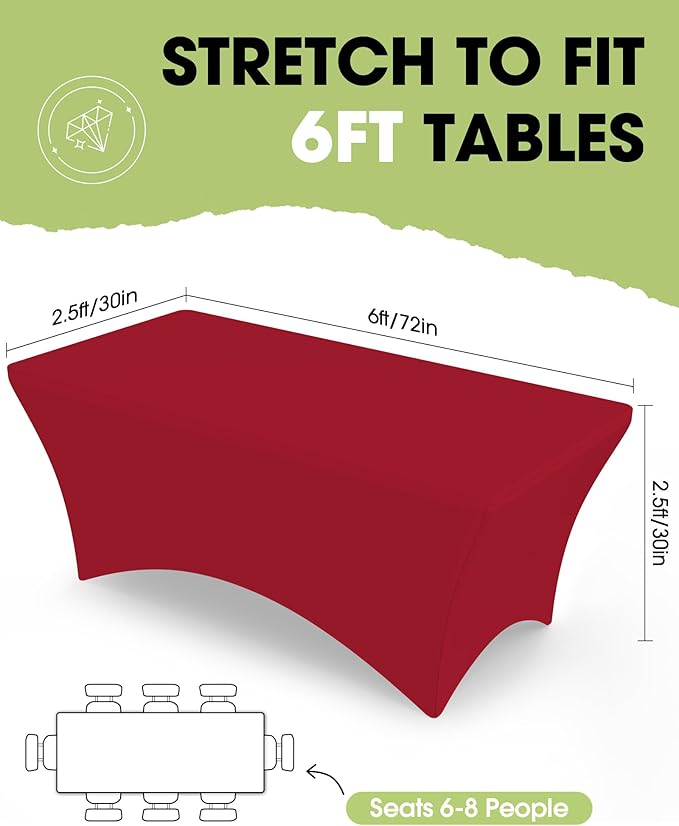 Pureegg Spandex Tablecloth 6ft - 6 Pack, Fitted and Stretch Table Cover for Rectangle Tables, Wrinkle-Resistant and Secure Fabric for Outdoor, Picnic, Party, Wedding, Banquet and Birthday, Red