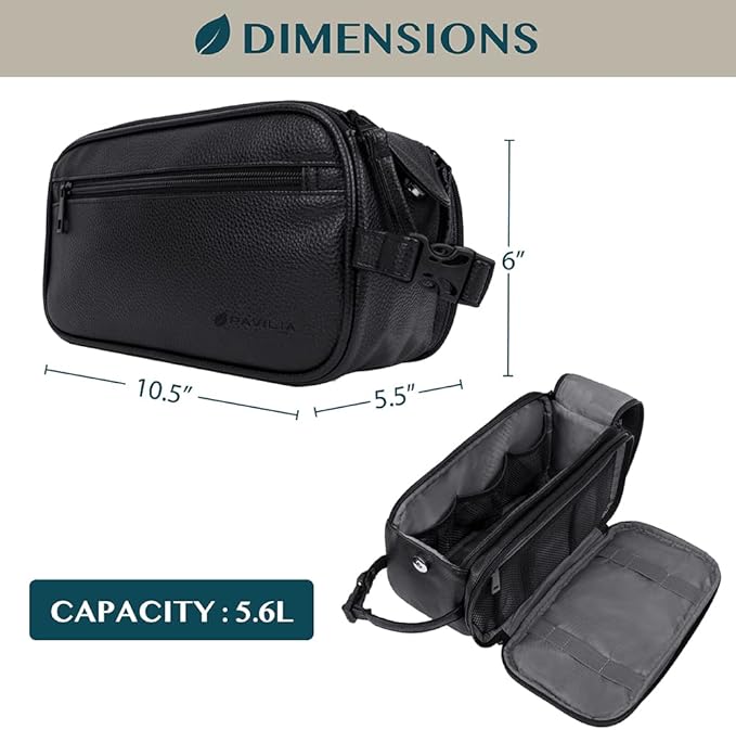 PAVILIA Toiletry Bag for Men, Travel Essentials Shaving Dopp Kit, Mens Travel Bag Toiletries Organizer Case for Grooming, PU Leather Water Resistant Cosmetic Bag Pouch (Black)