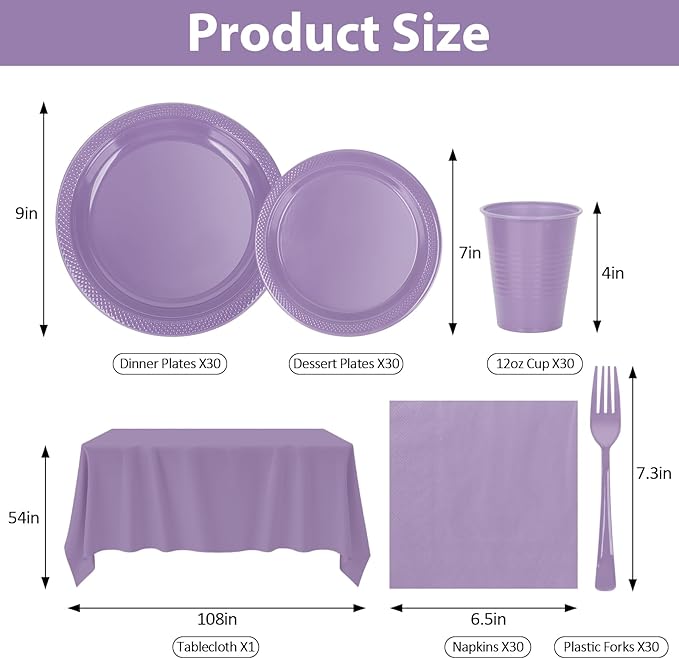 Lavender Plastic Plates for Party,30 Guest Disposable Plastic Plate Set 9" Plates,7" Dessert Plates,Napkins,Cups,Forks & Tablecloth for Baby Shower,Wedding,Birthday,Afternoon Tea Party