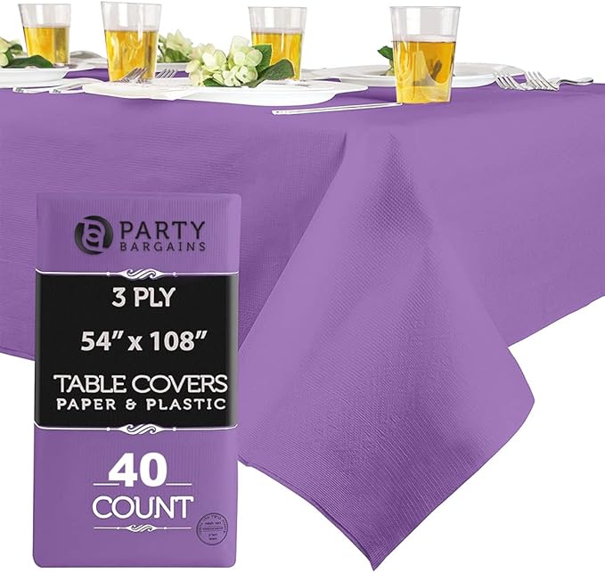 PARTY BARGAINS Disposable Table Covers, 54 x 108 Inch, Purple, 3-Ply Paper & Plastic Spill-Resistant Party Tablecloths, 40 Pack