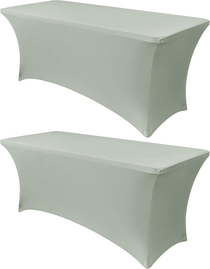 Obstal 2PC Sage Green Tablecloth - 6ft Rectangle Spandex Table Cover for Party, Events, Banquets & Weddings, Machine Washble
