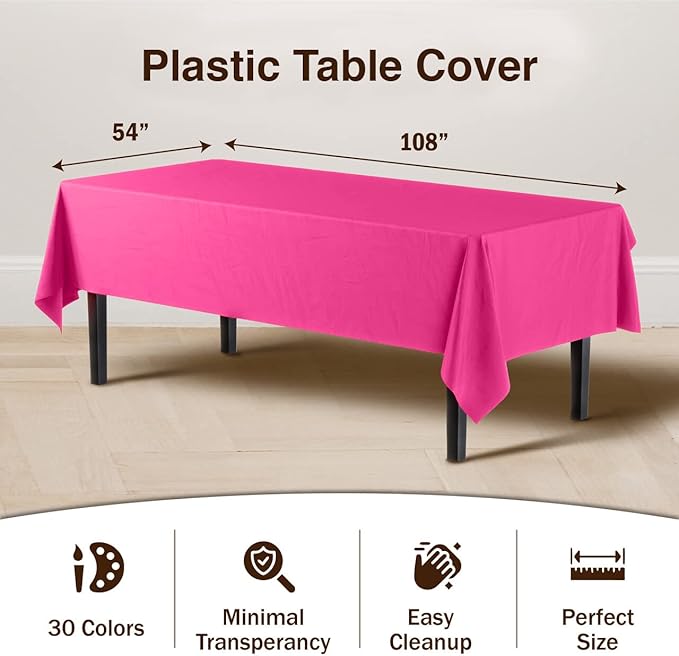 Exquisite 12-Pack Premium Plastic Tablecloth 54in. x 108in. Rectangle Table Cover - Cerise