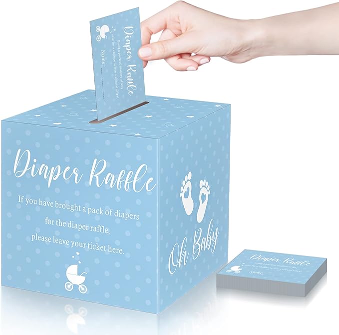 Funrous 51 Diaper Raffle Tickets with Box for Baby Shower Game Invitations Diaper Raffle Card for Gender Reveal Baby Shower Party Decoration Table Centerpiece(Lake Blue)