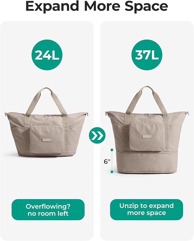 BAGSMART Foldable Travel Bag, 37L Expendable Personal Item Bag, Lightweight Weekender Bags for Women, Water Resistant Extra Carry on for Travel, White
